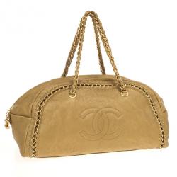 Pre Owned Chanel Luxe Ligne Beige Leather Chain Trim Large Bowler Boston Duffle Bag