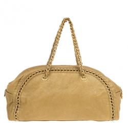 Pre Owned Chanel Luxe Ligne Beige Leather Chain Trim Large Bowler Boston Duffle Bag