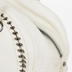Pre Owned Chanel White Leather Chain Trim Luxe Ligne Bowler Boston Duffle Bag