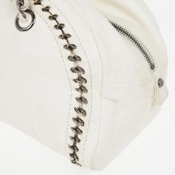 Pre Owned Chanel White Leather Chain Trim Luxe Ligne Bowler Boston Duffle Bag