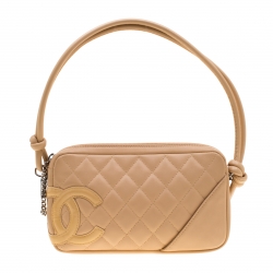 Auth Chanel Calfskin Quilted Cambon Ligne Pochette Beige Women Shoulder Bag