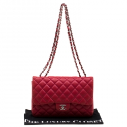 Pre Owned Chanel Red Quilted Leather Jumbo Classic Single Flap Bag