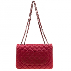 Pre Owned Chanel Red Quilted Leather Jumbo Classic Single Flap Bag