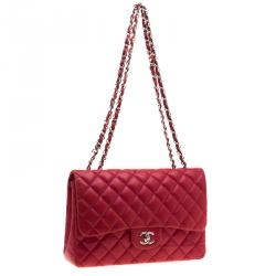 Pre Owned Chanel Red Quilted Leather Jumbo Classic Single Flap Bag