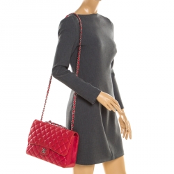 Pre Owned Chanel Red Quilted Leather Jumbo Classic Single Flap Bag