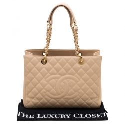Pre Owned Chanel Beige Quilted Caviar Leather Grand Shopping Tote