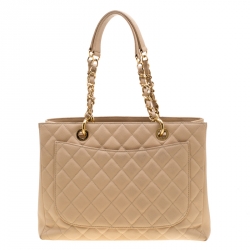 Pre Owned Chanel Beige Quilted Caviar Leather Grand Shopping Tote