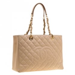 Pre Owned Chanel Beige Quilted Caviar Leather Grand Shopping Tote
