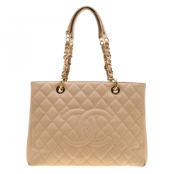 Pre Owned Chanel Beige Quilted Caviar Leather Grand Shopping Tote