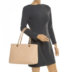 Pre Owned Chanel Beige Quilted Caviar Leather Grand Shopping Tote