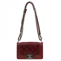 Pre Owned Chanel Red Leather Small Boy Flap Bag
