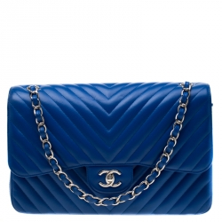 Chanel Royal Blue Chevron Quilted Leather Jumbo Classic Double