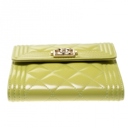 Chanel Yellow Green Quilted Patent Leather Boy Compact Wallet