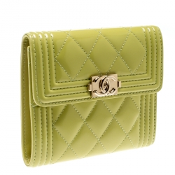 Chanel Yellow Green Quilted Patent Leather Boy Compact Wallet