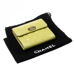 Chanel Yellow Green Quilted Patent Leather Boy Compact Wallet