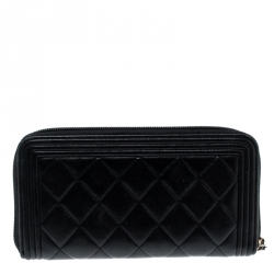 Chanel Black Quilted Leather Boy Zip Around Wallet