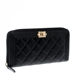 Chanel Black Quilted Leather Boy Zip Around Wallet