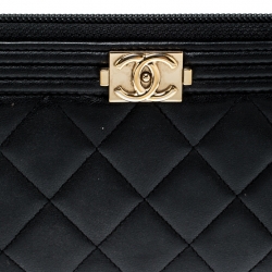 Chanel Black Quilted Leather Boy Zip Around Wallet
