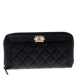 Chanel Black Quilted Leather Boy Zip Around Wallet