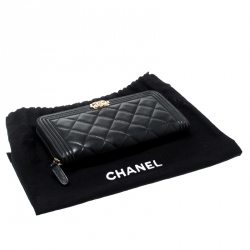Chanel Black Quilted Leather Boy Zip Around Wallet
