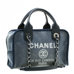 Pre Owned Chanel Blue Denim Deauville Bowling Bag