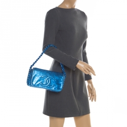 Chanel Blue Metallic Modern Chain E/W Tote Bag Leather Pony-style