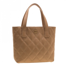 Pre Owned حقيبة يد شانيل غرزة عريضة جلد مبطنة بنية فاتحة