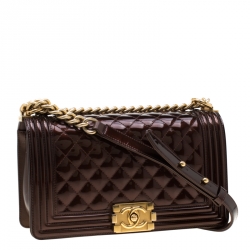 مملوكة مسبقًا Chanel Dark Brown Quilted Patent Leather Medium Boy Flap Bag