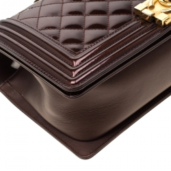 مملوكة مسبقًا Chanel Dark Brown Quilted Patent Leather Medium Boy Flap Bag