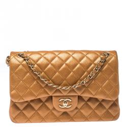 Pre Owned Chanel Gold Metallic Quilted Leather Jumbo Classic Double Flap Bag