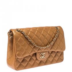 Pre Owned Chanel Gold Metallic Quilted Leather Jumbo Classic Double Flap Bag