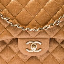 Pre Owned Chanel Gold Metallic Quilted Leather Jumbo Classic Double Flap Bag