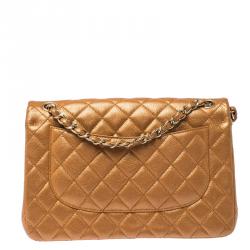 Pre Owned Chanel Gold Metallic Quilted Leather Jumbo Classic Double Flap Bag