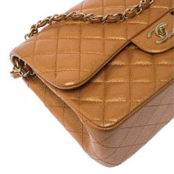 Pre Owned Chanel Gold Metallic Quilted Leather Jumbo Classic Double Flap Bag