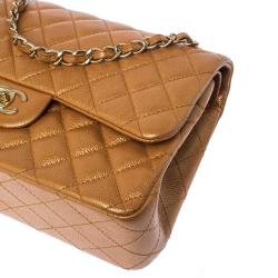 Pre Owned Chanel Gold Metallic Quilted Leather Jumbo Classic Double Flap Bag