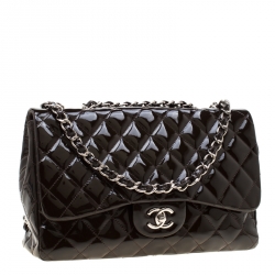 Pre Owned Chanel Dark Brown Quilted Patent Leather Jumbo Classic Single Flap Bag