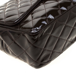 Pre Owned Chanel Dark Brown Quilted Patent Leather Jumbo Classic Single Flap Bag
