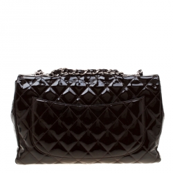 Pre Owned Chanel Dark Brown Quilted Patent Leather Jumbo Classic Single Flap Bag