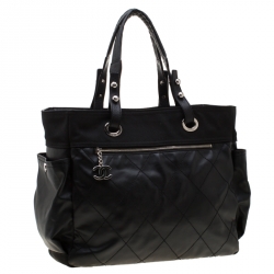 مملوكة مسبقًا حقيبة شانيل باريس بياريتز كانفاس نمط مبطن مبطن أسود كبيرة