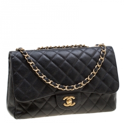 Pre Owned Chanel Black Quilted Leather Jumbo Classic Single Flap Bag