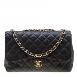 Pre Owned Chanel Black Quilted Leather Jumbo Classic Single Flap Bag