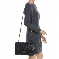 Pre Owned Chanel Black Quilted Leather Jumbo Classic Single Flap Bag