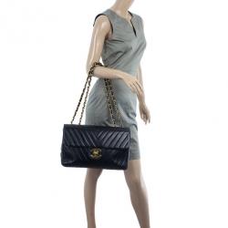 Pre Owned Chanel Black Chevron Lambskin Jumbo XL Classic Flap Bag