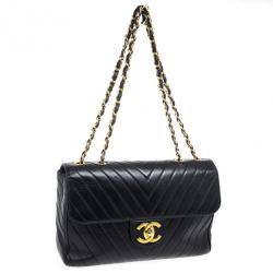 Pre Owned Chanel Black Chevron Lambskin Jumbo XL Classic Flap Bag