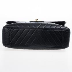 Pre Owned Chanel Black Chevron Lambskin Jumbo XL Classic Flap Bag