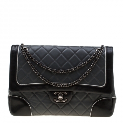 CHANEL Chevron Contrast Quilted Lambskin Flap Shoulder Bag Black