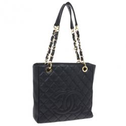 Pre Owned Chanel Black Quilted Caviar Petite Shopping Tote 