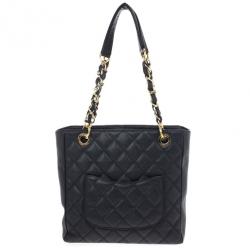 Pre Owned Chanel Black Quilted Caviar Petite Shopping Tote 