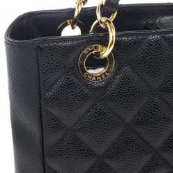 Pre Owned Chanel Black Quilted Caviar Petite Shopping Tote 