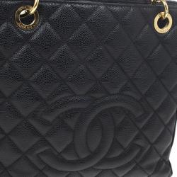 Pre Owned Chanel Black Quilted Caviar Petite Shopping Tote 
